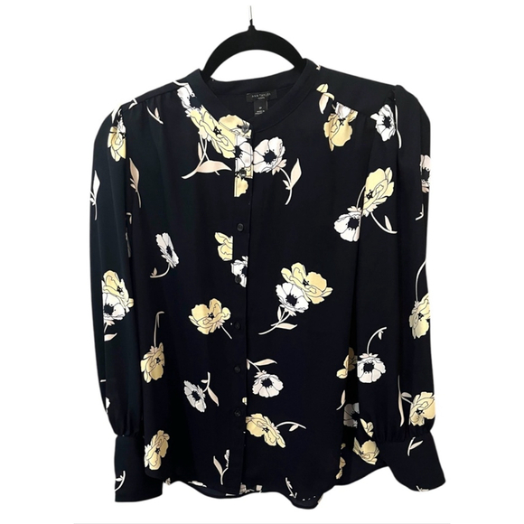 Ann Taylor Petite Sunny Poppy Nehru Collar Blouse, Size: SP, Navy Floral - Picture 2 of 9